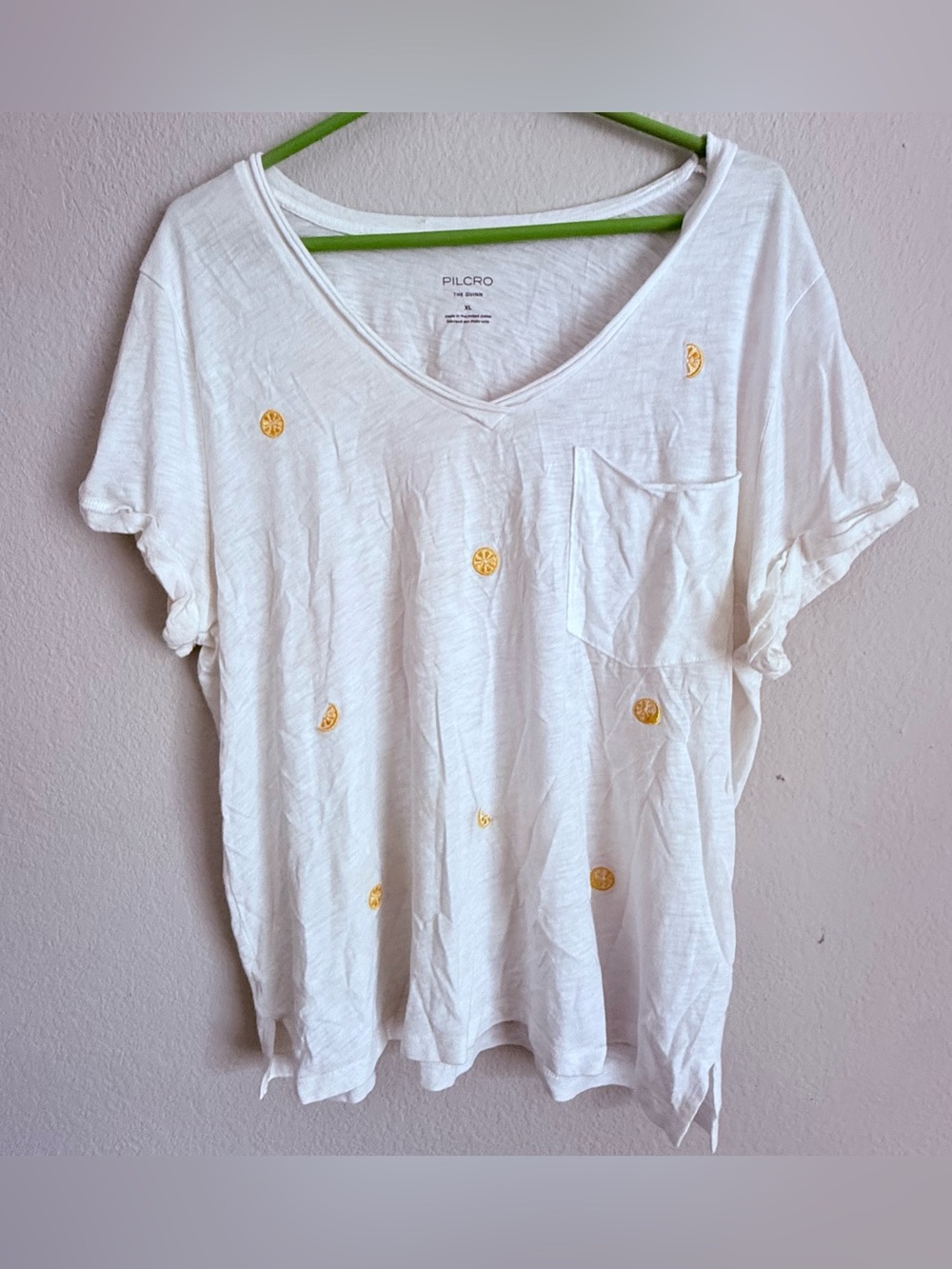 Anthropologie Pilcro The Quinn White Lemon Embroidered V-Neck Short Sleeve Top